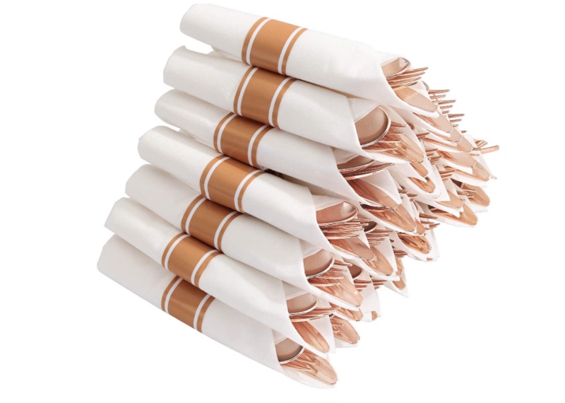 Free Shipping Disposable Plastic Rose Gold Knife, Fork, Spoon, Napkin Set Party Gold Three-Piece Tableware Set Silver