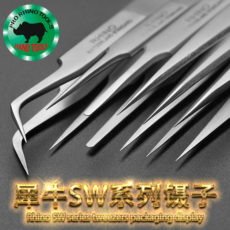 Japanese Rhino brand matte anti-magnetic and anti-acid Swiss technology imported slender pointed elbow precision high hardness straight tweezers
