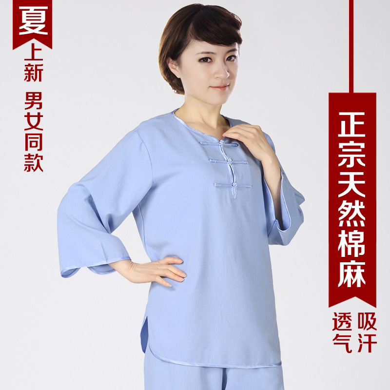 Cotton hemp tai chi suit short sleeve women summer practice martial arts suit middle aged and elderly men short neck middle sleeve tai chi costume