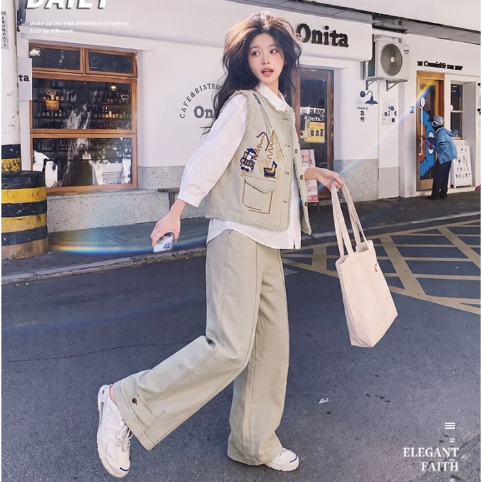 2026 Autumn High-End White Long-Sleeve Shirt, Light Beige Vest, Wide-Leg Pants Three-Piece Set for Women, Loose Fit with Embroidery 2026 Autumn High-End White Long-Sleeve Shirt, Light Beige Vest, Wide-Leg Pants Three-Piece Set for Women, Loose Fit with Embroidery