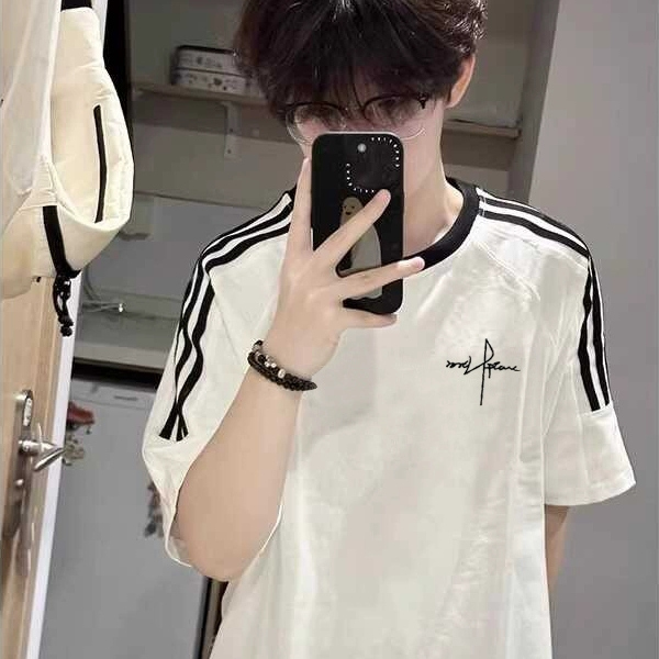 Heavyweight Pure Cotton American High Street Style Three-Stripe Hong Kong Style Short-Sleeve T-Shirt for Men, Summer Trendy Brand Loose Fit Oversized Tee Top