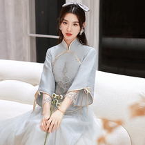 Chinese bridesmaid 2021 new winter wedding long sleeve sister group dress dress female gray long advanced feeling