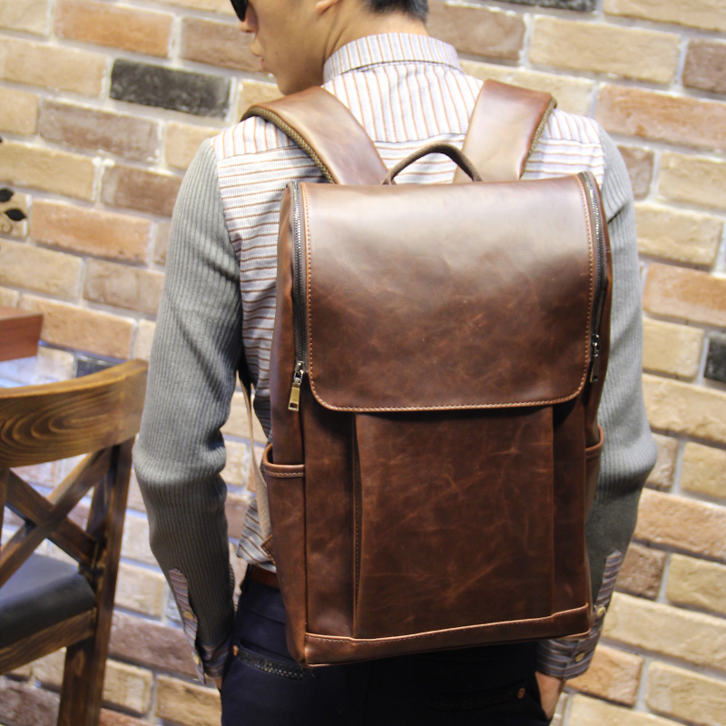 Men's shoulder bag large capacity backpack Han edition bag students leisure computer package travel bag crazy horse pie tide card