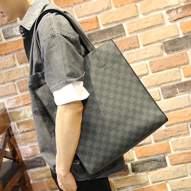 Leather shoulder bag men's plaid large-capacity vertical handbag tote bag tide brand cowhide men's shoulder messenger bag