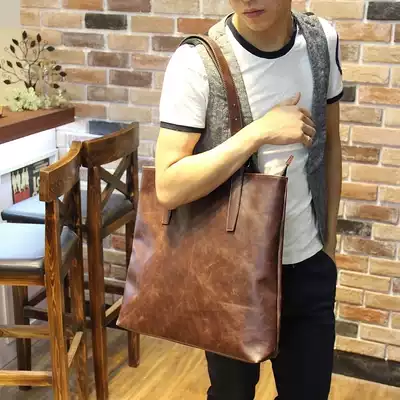 New leather satchel men's Korean version of the popular men's bag street trend fashion shoulder bag vertical handbag large bag