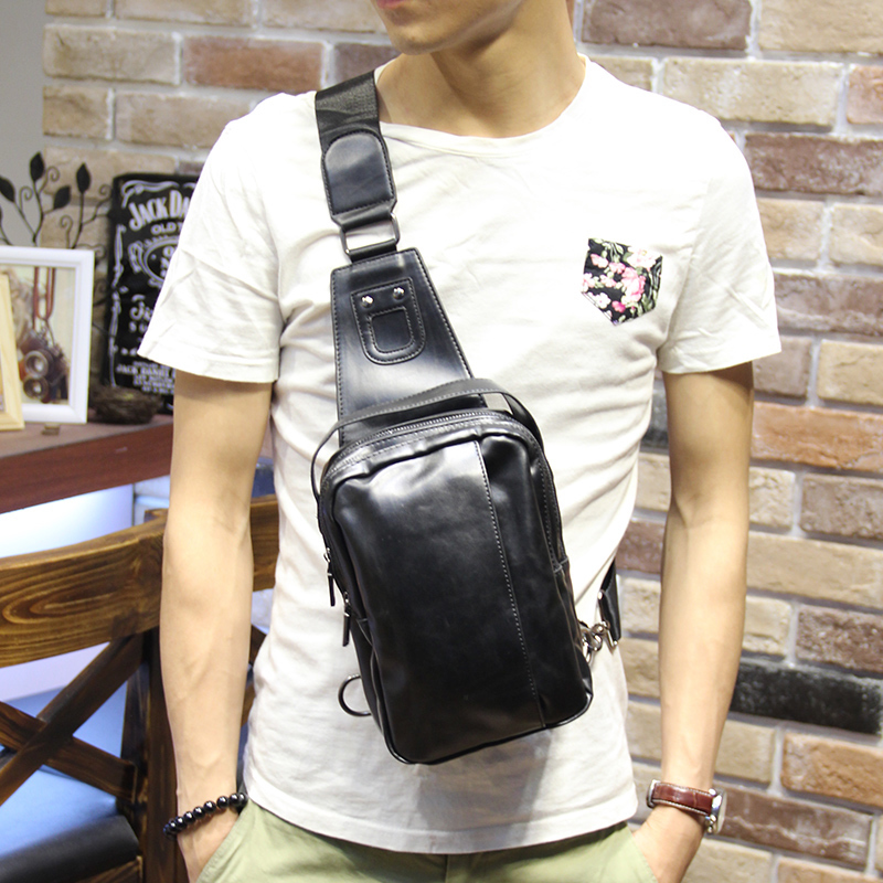 Leather Men's Chest Bag Korean Casual Leather Waist Bag Trendy Men's Bag Leather One Shoulder Backpack Crossbody Small Bag Running