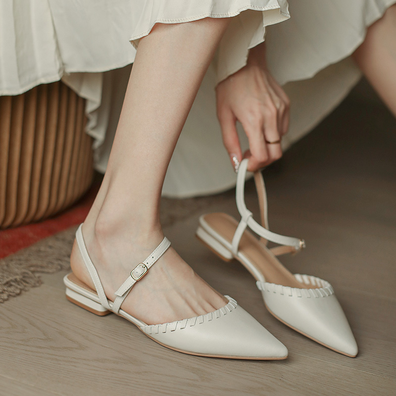 women's bag toe flat sandals new 2021 summer vintage all match student beige leather low heel pointed toe shoes