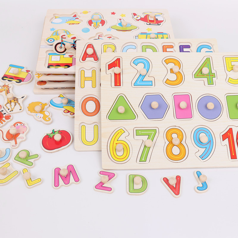 Wooden Digital Letter Hand Grip Jigsaw Puzzle Animal Fruit Cognition Jigsaw 1-2-3-year-old Child Early Education Puzzle Toy-Taobao