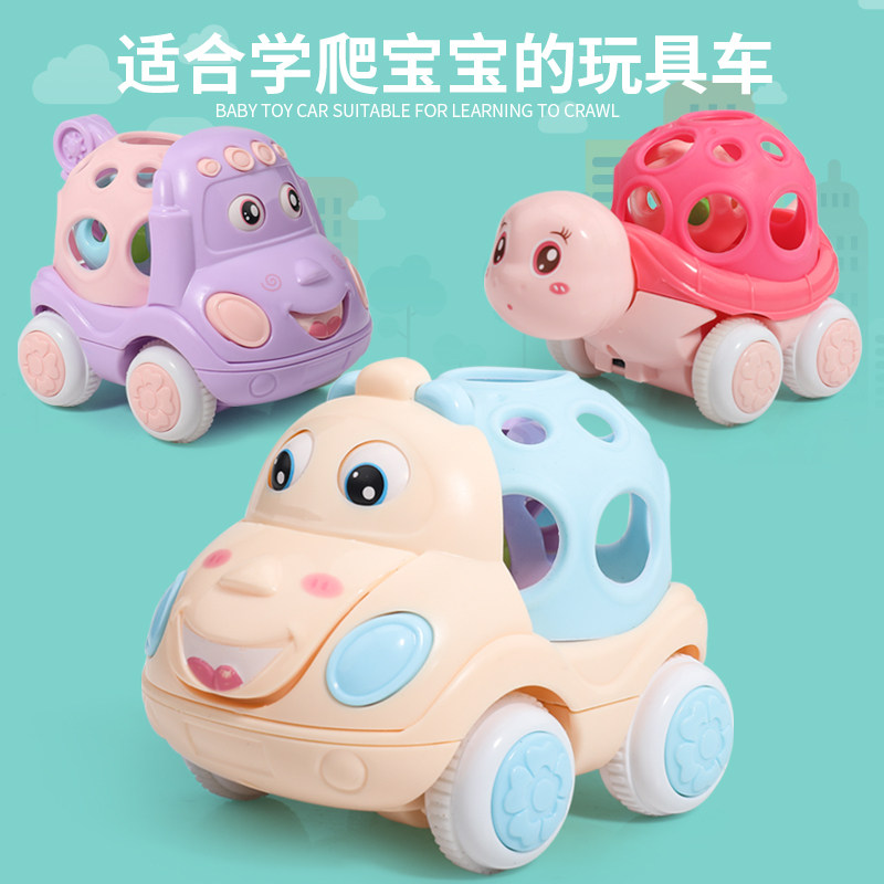 Baby inertia soft rubber rattle trolley 3-6-12 months baby does not hurt hands early education puzzle macaron color toy