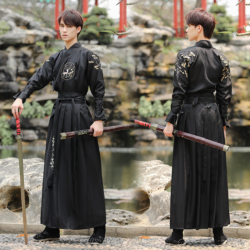 Men's Hanfu Student Martial Arts Style Class Uniform, Handsome Ancient Costume for Men, Fairy-Like Spring and Summer Black Suit