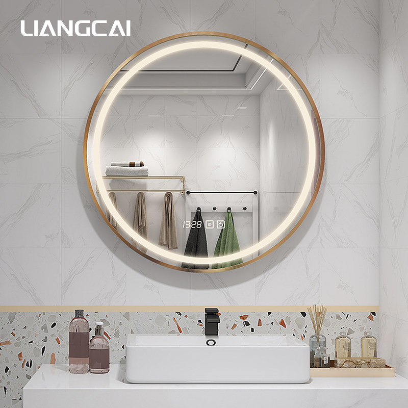 Round smart bathroom mirror wall-mounted toilet mirror with lamp anti-fog bathroom mirror aluminum alloy rims LED lamp mirror-Taobao