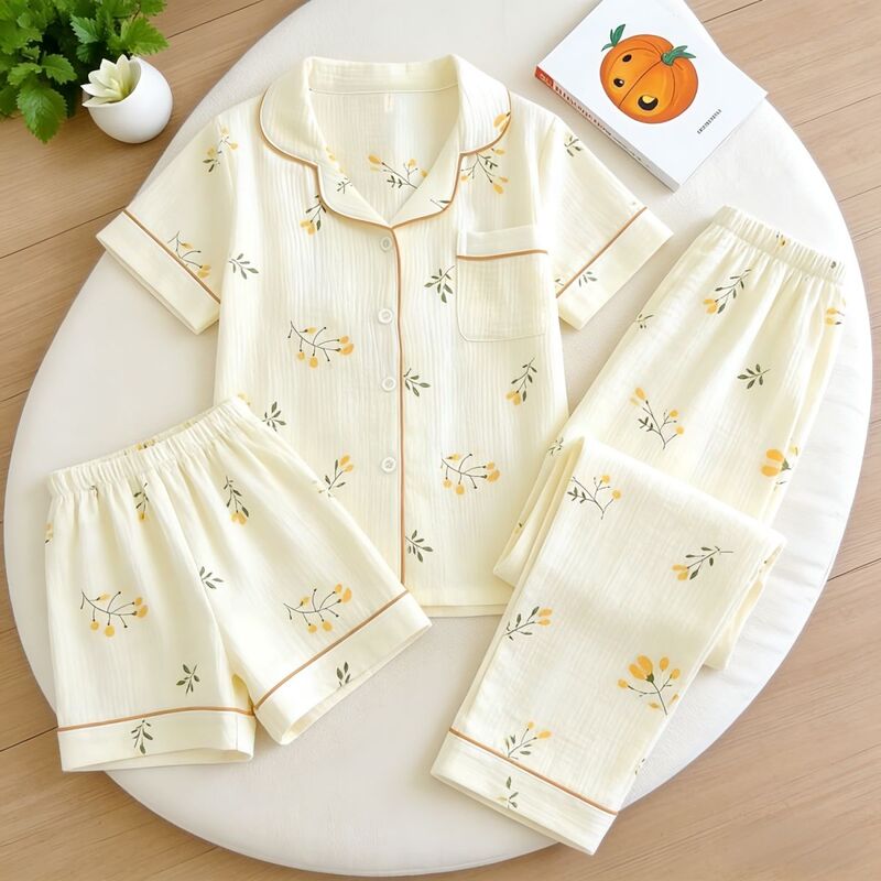 Yunduo Pure Cotton Gauze Three-Piece Pajamas Set for Women, Summer Short-Sleeved Long Pants, Sweet Floral High-End Home Wear Set Yunduo Pure Cotton Gauze Three-Piece Pajamas Set for Women, Summer Short-Sleeved Long Pants, Sweet Floral High-End Home Wear Set