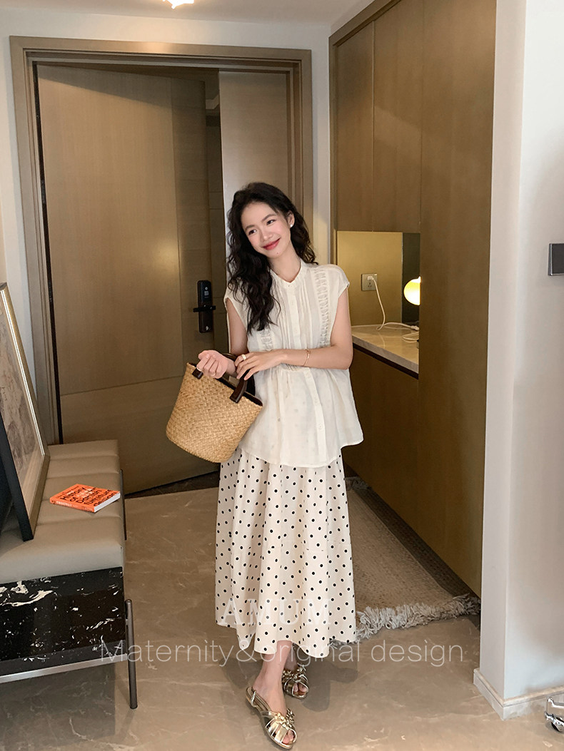 ◆AMUM孕妇装◆孕期套装穿搭~麻无袖洋气上衣复古小衫波点半身裙 — 47