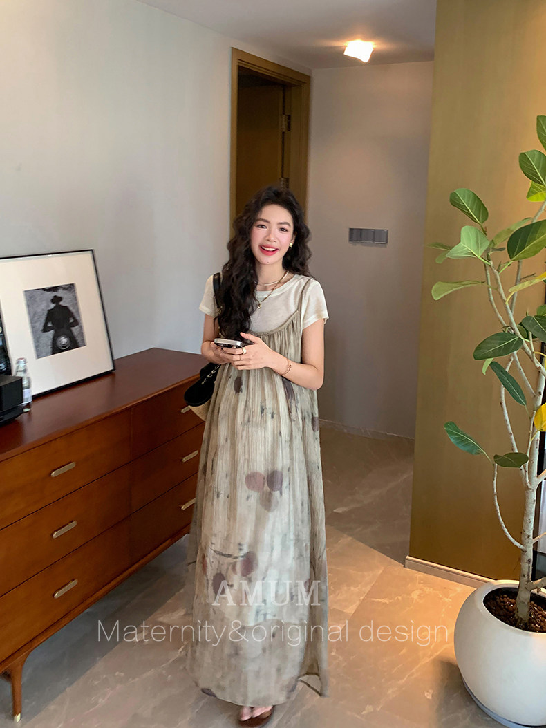 ◆ Amum Maternity Wear ◆ Outfits for Pregnant Moms~ Vintage Pleated Stylish Summer Dress That Doesn'T Show Pregnancy, Loose-Fitting Strap Dress. — 23