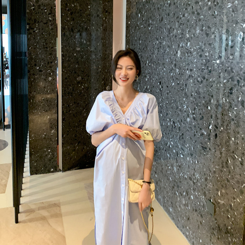 ◆ AMUM maternity wear white moonlight ~ temperament V collar lantern sleeve 2021 cotton tide dress short sleeve summer dress