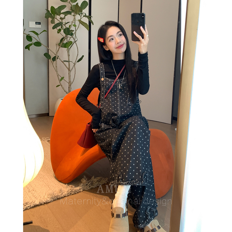 ◆ Amum Maternity Wear ◆ Sweet and Cool Girly Style~ Polka Dot Denim Overalls, Casual, Age-Reducing, Straight-Leg, Loose Jumpsuit