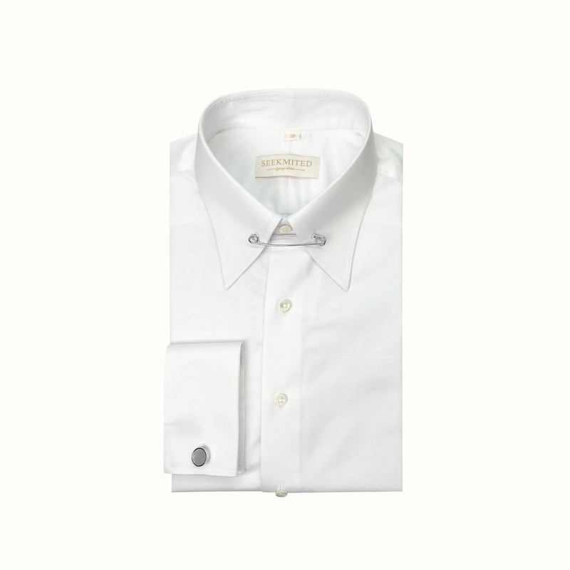 Seekmited Italian-Style Casual White Long-Sleeved Men's Shirt Business Long Pointed Collar Shirt with Collar Pin and French-Style Sleeves