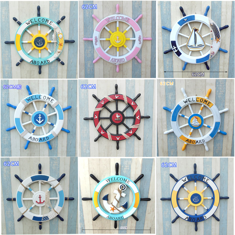 送料無料地中海スタイルの木製の大きな舵舵手ステアリングホイールウィンドウの背景の壁のペンダントの装飾品