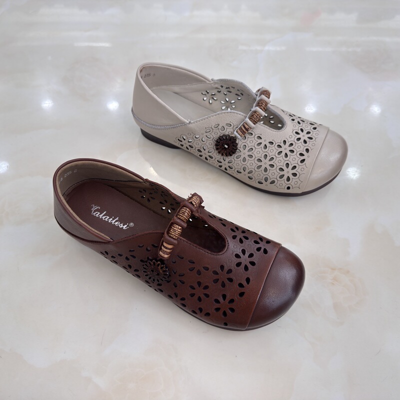 Kalaites 2026 Spring and Summer New Style Cowhide Hollow Round-Toe Soft-Soled Soft-Surface Women's Single Shoes Genuine 32005-8