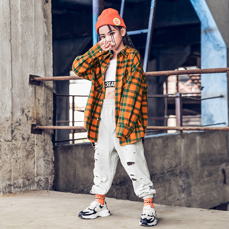 Children's hip-hop suit girls loose hip-hop jazz dance plaid show clothing boys ripped trousers trend - Taobao