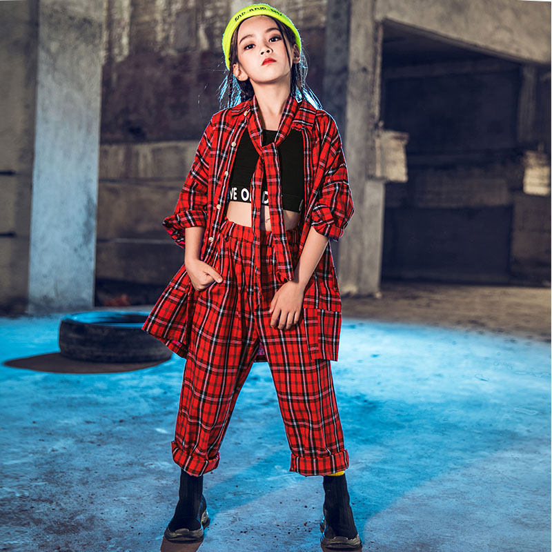 Toddler Street Dance Suit Children Hip Hop Performance Clothing Red Plaid Girl Jazz Dance Walk Show Girl Handsome