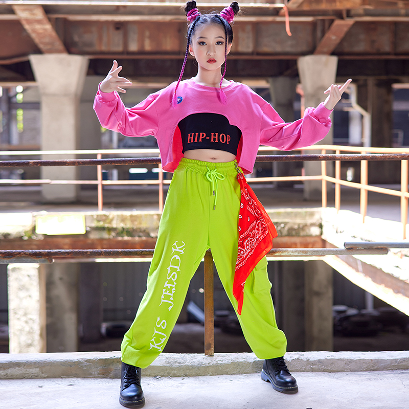 Girl Jazz Dance Costumes Jazz Hip Hop Dance Showsuit Costumes Fluorescent Green Trousers Children Street Dance Package
