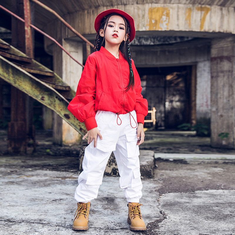 Girls' jazz dance suit children's hip-hop performance clothes high-waisted navel loose top hip-hop overalls trendy