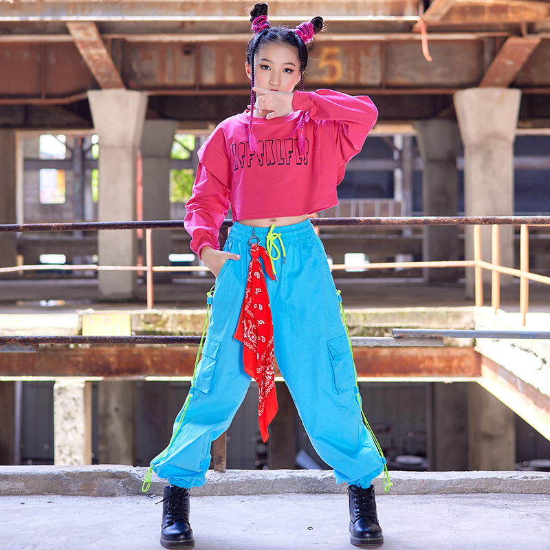 Girls Jazz Dance Rose Red Sleeved Town Showsuit Children's Street Dance Kit Hiphop Tide Clothes