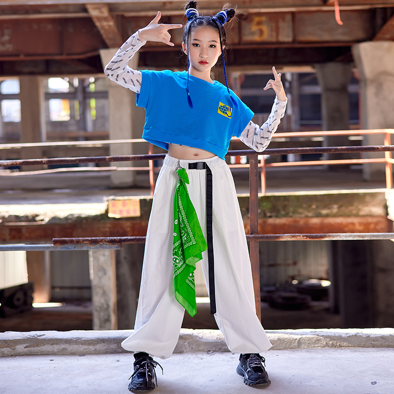 Children Hiphop Clothing Street Dance Children Show Blue Luw Navel Jazz Dance Suite Girls Dance Costumes