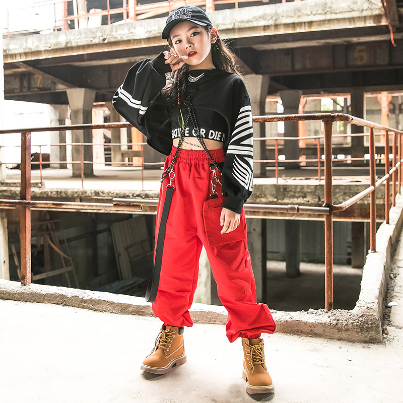 Children's hip-hop suit children's performance clothing overalls hip-hop girls jazz dance clothing loose navel long-sleeved tide