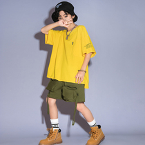 61 Childrens hip-hop dance suit Hip-hop hiphop boys summer yellow loose short-sleeved T-shirt performance suit tide brand