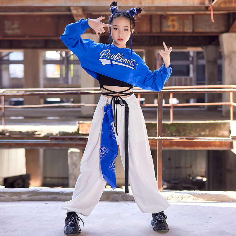 Girls Jazz Dance Clothes Cool Hiphop Street Dance Kits Show Blue Town Dance Costumes