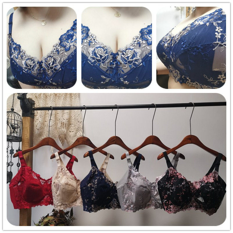 Lace ultra-thin large size with no steel ring bra full cups large chest display small anti-walking light underwear 75-110BCDEFGH