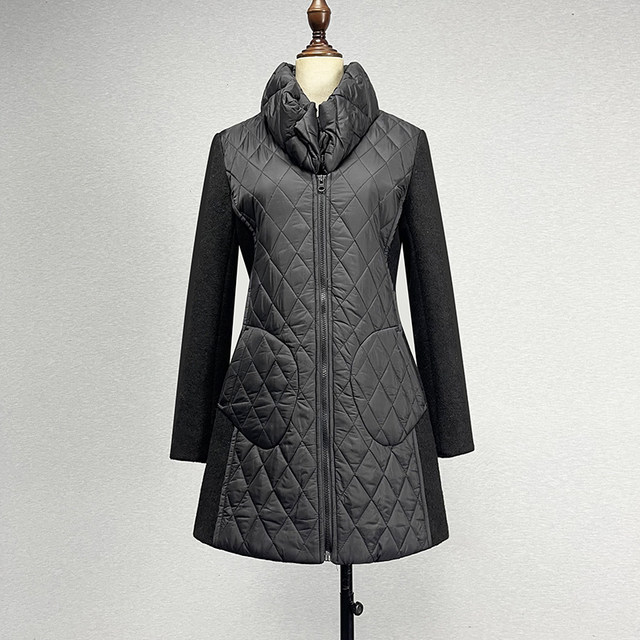 品牌折扣中长款黑色羊毛呢双层领大衣秋冬显瘦拉链夹棉拼色外套