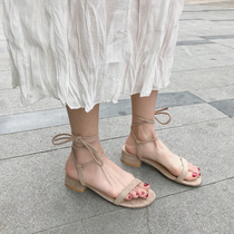 One-character Net red strap sandals female fairy wind students wild low heel thick heel middle heel 2021 New Roman flat bottom