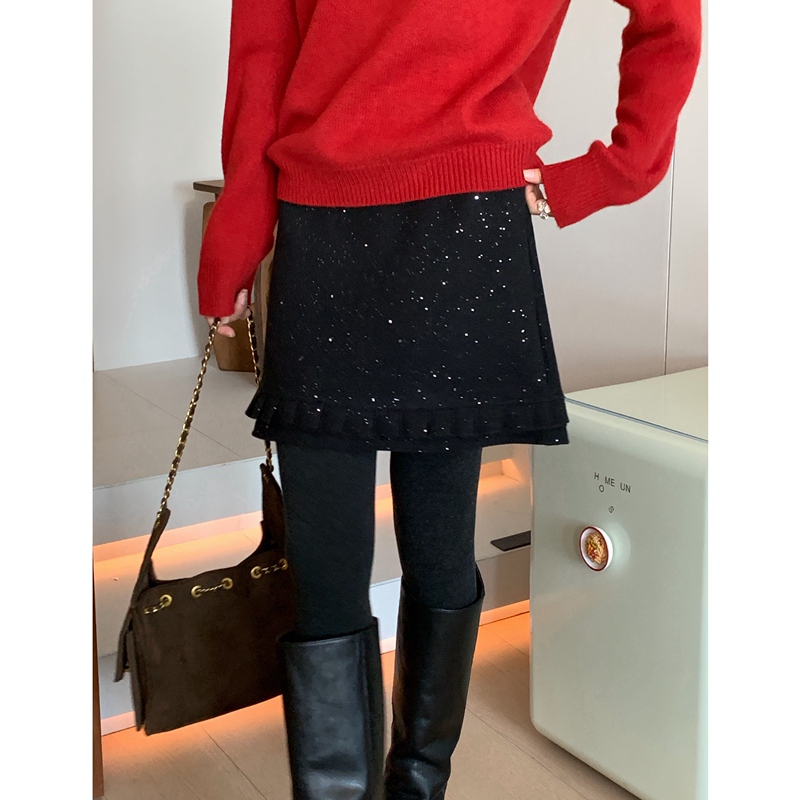 Ahui New Winter Sparkling Pleated Skirt with Gold Foil A-Line Short Skirt Group