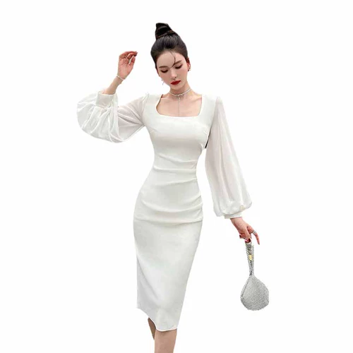 Белое весеннее платье, дизайнерский приталенный корсет, фонарь, юбка, французский стиль, квадратный вырез, новая коллекция, с акцентом на бедрах