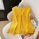 Жилет без рукавов, летняя кружевная короткая рубашка с бантиком