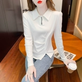 Приятный телу осенний лонгслив, осенняя демисезонная футболка, воротник поло, рукава фонарики