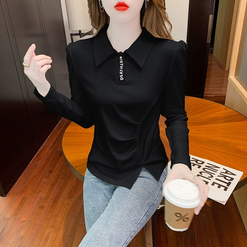 Базовый приятный телу осенний лонгслив, осенняя демисезонная футболка, воротник поло, рукава фонарики