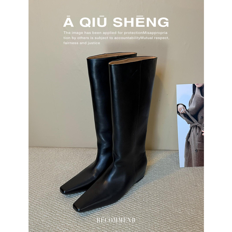 2026 New Spring, Autumn and Winter Long Boots with Hidden Height Increase, Square Toe, Black Melard High-Top Riding Boots for Women