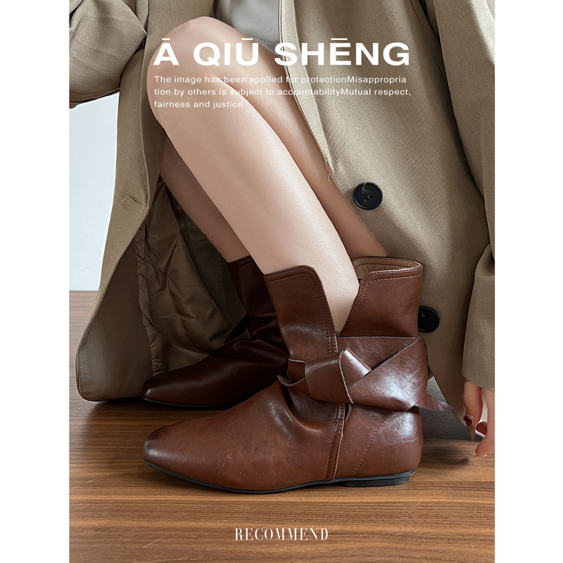 Cowhide Version ~ Genuine Leather Flat-Soled Slouch Boots for Women, 2026 New Design, Lace-Up Short Boots to Pair with Skirts, Slimming Boots