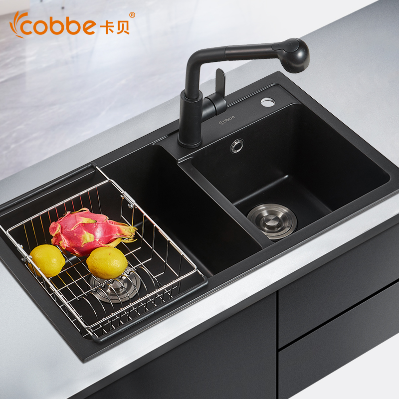 Cabe kitchen sink set Quartz stone sink sink under the sink sink sink double sink thickened 12mm black