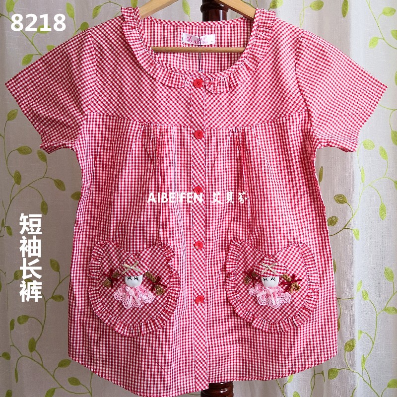 Aibefen 25 Spring/Summer Japanese-Style Fresh Red Plaid Short-Sleeve Long Pants Pure Cotton and Linen Air-Conditioned Room Pajama Set