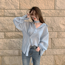 Liu Sansan three spring and summer can be sweet and salty light blue single-breasted waist lace-up shirt Womens loose BF style shirt