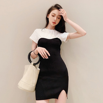 Liu Sansan three black and white fake two sexy side fork waist waist thin black short bag hip tight dress female summer