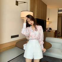 2021 spring and summer new literary oil painting print retro palace style lantern sleeve V collar pink long sleeve shirt female fairy