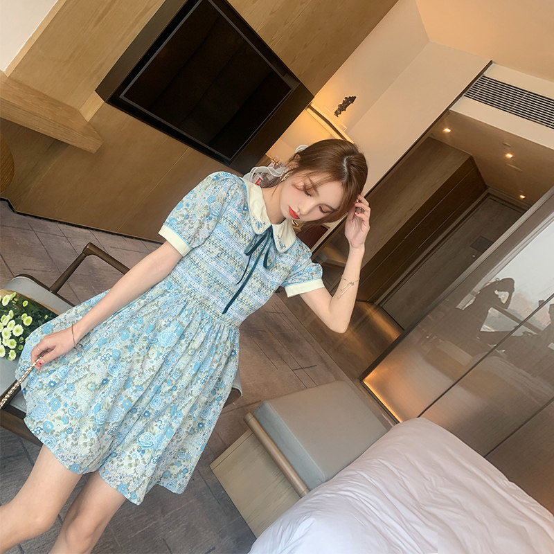 Spring and summer 2021 new hand embroidered floral short sleeve dress French casual doll collar handmade flower A- line dress women