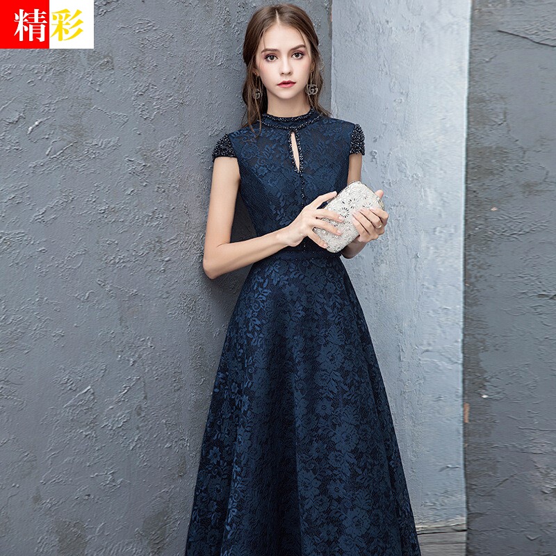 Evening Dress for Women, New Style on Douyin, Elegant Stand-Up Collar, Navy Blue Host Dress, Choir Performance Dress, Long Dress
