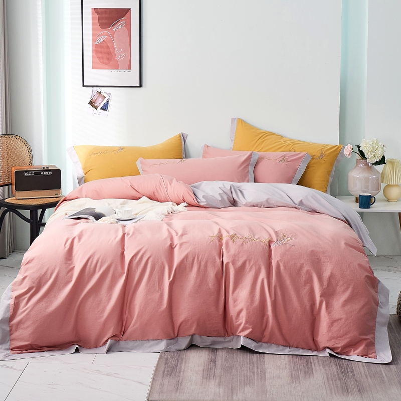 Light Extravagant Embroidered All-cotton Pure Cotton Four-Piece Minimalist Washed Cotton Pure Color Quilt Cover Bed Bedding Princess Wind